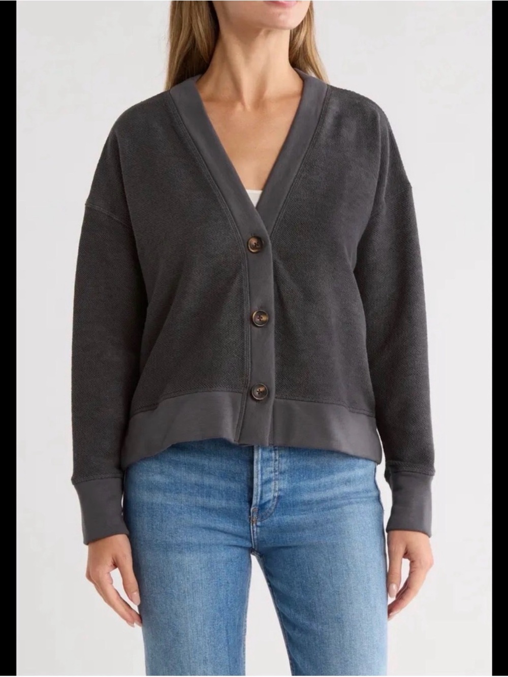 Splendid Reverse Terry Cardigan Sweatshirt, Charcoal Grey, size Small